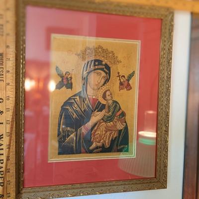 Exquisite Antique Italian Florentine Religious Lithograph Madonna Mary with Baby Jesus