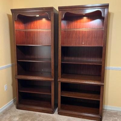 THOMASVILLE ~ Pair (2) Lighted Solid Wood Bookcases