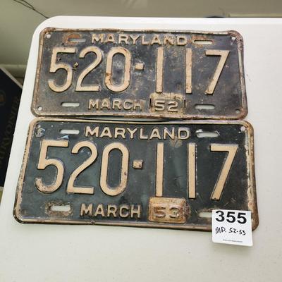 1952 1953 Maryland Car License Plate Plates