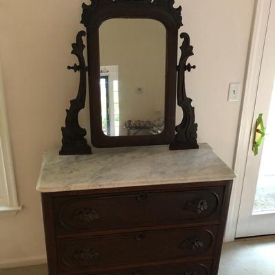 Antique Marble Top Dresser & Mirror -Lot 106
