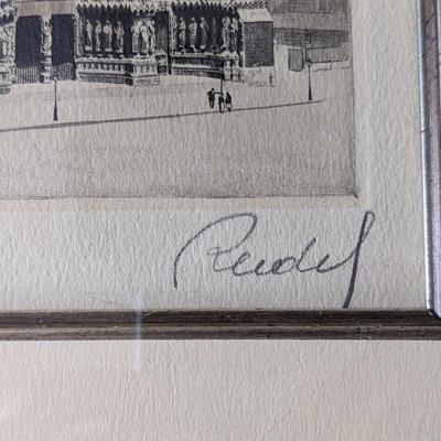 Antique Framed Signed Etching of Reims Cathedral by Reidel