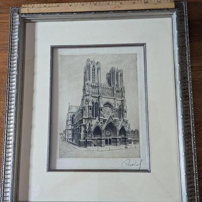 Antique Framed Signed Etching of Reims Cathedral by Reidel