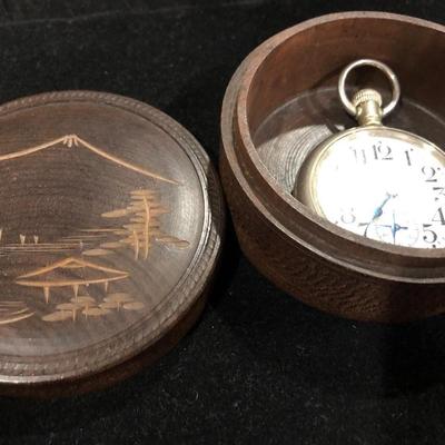 Antique 1911 Elgin Open Face Watch 19 Jewels w/ Vintage Asian Wooden Box -Lot 118