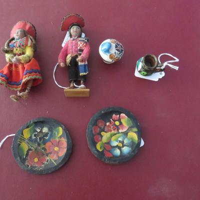 Lot of Mexican Items - Dolls, Small Plates, Tiny jug