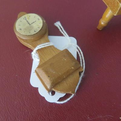 Miniature Wooden Dollhouse Furniture - Clock, Spinning Wheel, Mirror