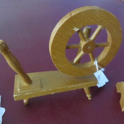 Miniature Wooden Dollhouse Furniture - Clock, Spinning Wheel, Mirror