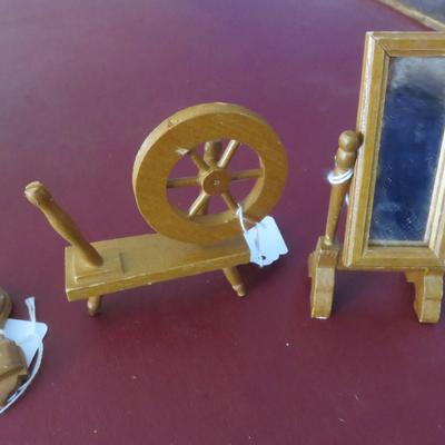 Miniature Wooden Dollhouse Furniture - Clock, Spinning Wheel, Mirror