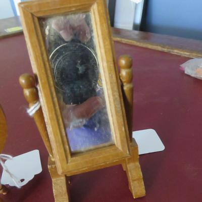 Miniature Wooden Dollhouse Furniture - Clock, Spinning Wheel, Mirror