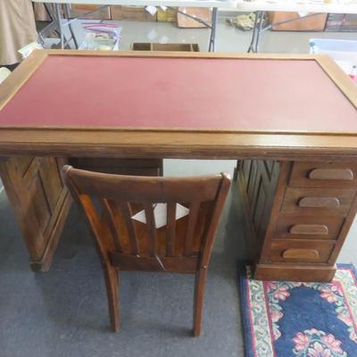 Oak Paneled Desk with Leather Top and Chair