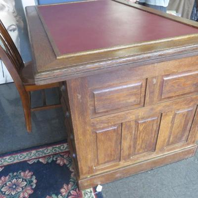 Oak Paneled Desk with Leather Top and Chair