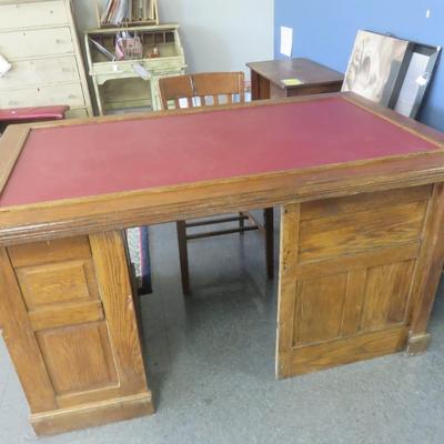 Oak Paneled Desk with Leather Top and Chair