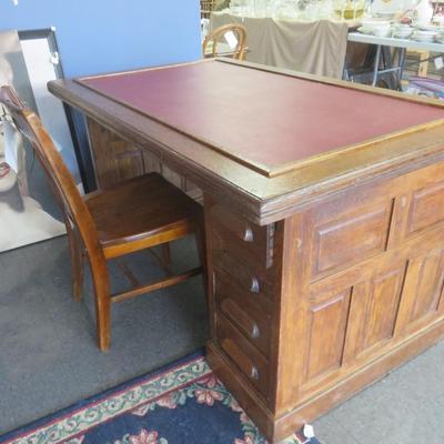 Oak Paneled Desk with Leather Top and Chair