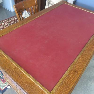 Oak Paneled Desk with Leather Top and Chair