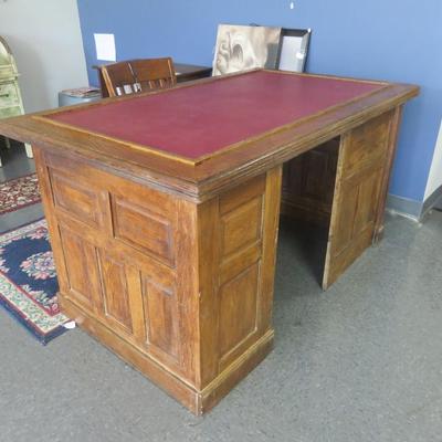 Oak Paneled Desk with Leather Top and Chair