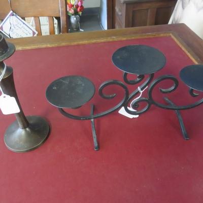 Pewter Candlestick and Black Iron Triple Candleholder
