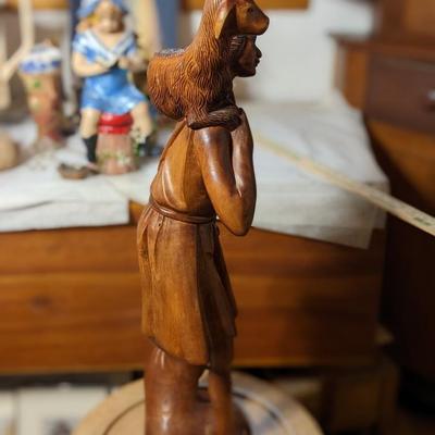 Quality Vintage Hand Carved Wood Shepard Carrying Sheep