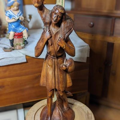 Quality Vintage Hand Carved Wood Shepard Carrying Sheep