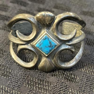 Vintage Turquoise and Silver Navajo Sand Casted Cuff
