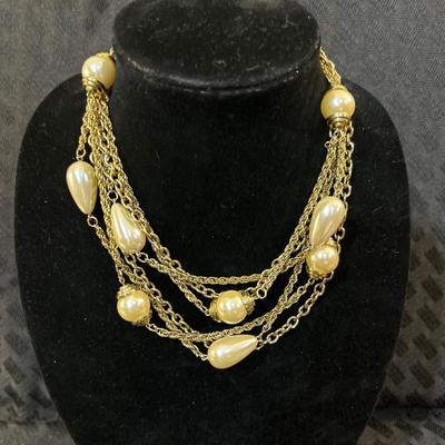 Vintage Layered Faux Pearl Gold Tone Fashion Necklace