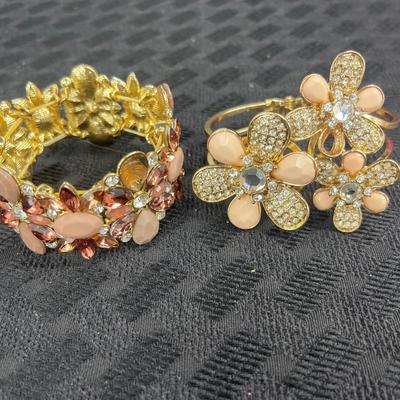 Gold tone pink floral enamel bracelets