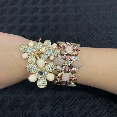 Gold tone pink floral enamel bracelets