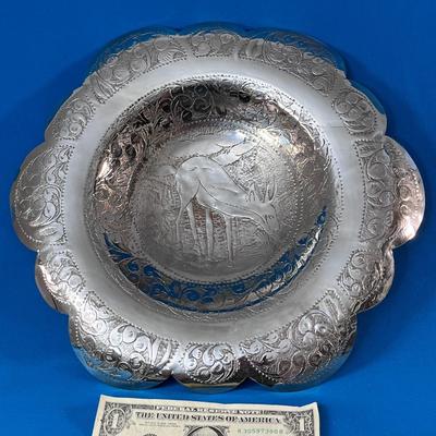 SHINY SILVERTONE METAL CHASED DESIGN DEER INTRICATE BORDERS PLATTER