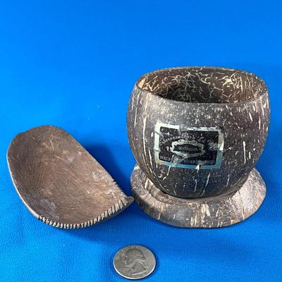 UNIQUE CARVED BOWL, SPOON AND STAND FROM COCONUT? PUERTO RICO