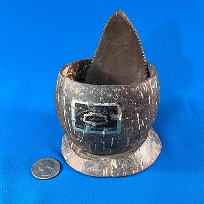 UNIQUE CARVED BOWL, SPOON AND STAND FROM COCONUT? PUERTO RICO