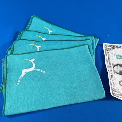 SET OF 4 LINEN MCM EMROIDERED STYLIZED IBEX NAPKINS