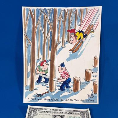 ORIGINAL COLOR PEN & INK SKI CARTOONIST DRAWING SIGNED SNUFFY Oâ€™NEIL