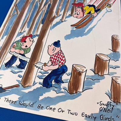 ORIGINAL COLOR PEN & INK SKI CARTOONIST DRAWING SIGNED SNUFFY Oâ€™NEIL