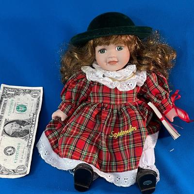 â€œSEPTEMBERâ€ BISQUE OLD-FASHIONED DOLL w/SCHOOL BOOK, BIRTHSTONE NECKLACE