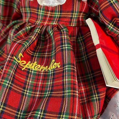 â€œSEPTEMBERâ€ BISQUE OLD-FASHIONED DOLL w/SCHOOL BOOK, BIRTHSTONE NECKLACE