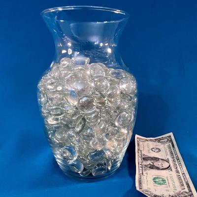 8â€ TALL CLEAR VASE FULL OF CLEAR GLASS FLAT MARBLES/GEMS