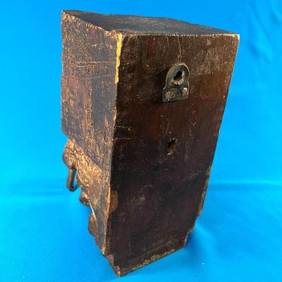INTERESTING ANCIENT INDIAN TEMPLE WOOD CARVED BLOCK w/ IRON COAT HOOK