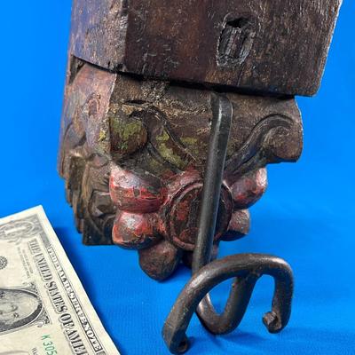 INTERESTING ANCIENT INDIAN TEMPLE WOOD CARVED BLOCK w/ IRON COAT HOOK