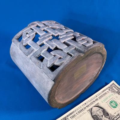 GREY WOVEN PATTERN ASIAN STYLE TERRA COTTA GARDEN LANTERN 