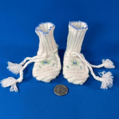 VINTAGE HAND MADE BABY BOOTIES w/ BLUE AND GREEN CROCHETED? ACCENTS