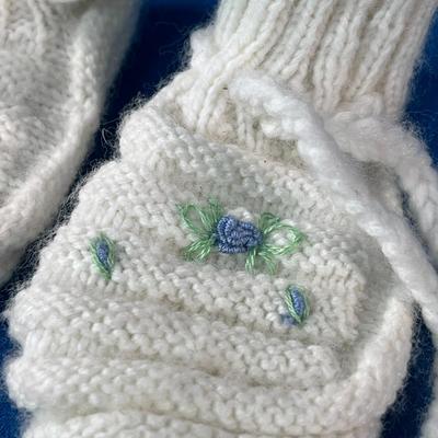 VINTAGE HAND MADE BABY BOOTIES w/ BLUE AND GREEN CROCHETED? ACCENTS