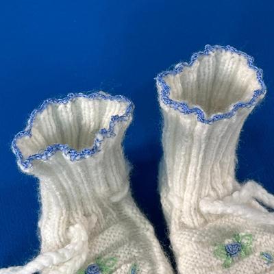 VINTAGE HAND MADE BABY BOOTIES w/ BLUE AND GREEN CROCHETED? ACCENTS