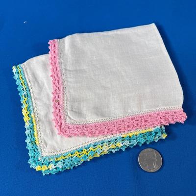 PAIR OF SWEET VINTAGE HANDKERCHIEFS COLORFUL CROCHETED EDGING