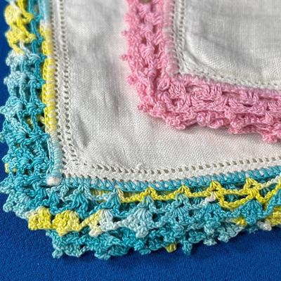 PAIR OF SWEET VINTAGE HANDKERCHIEFS COLORFUL CROCHETED EDGING