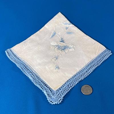 LOVELY BLUE AND WHITE EMBROIDERED SILK HANDKERCHIEF 