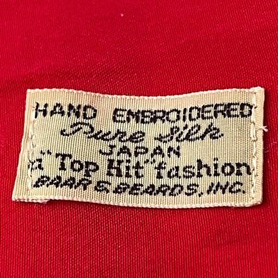 VINTAGE HAND EMBROIDERED RED SILK LADIES SCARF TIE BEADED, SEQUINED