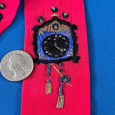 VINTAGE HAND EMBROIDERED RED SILK LADIES SCARF TIE BEADED, SEQUINED