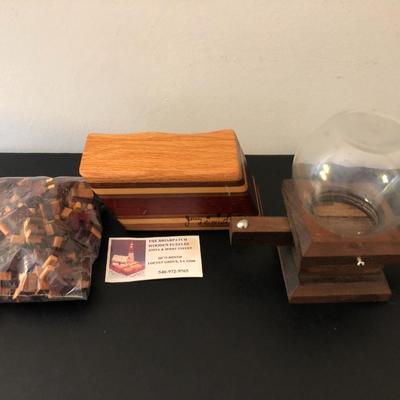 Ridge Hollow Folk Art Game Board, Briarpatch Wooden Puzzle Signed Box, & Glass Dispenser -Lot 121