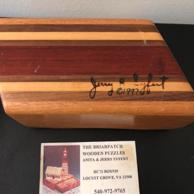 Ridge Hollow Folk Art Game Board, Briarpatch Wooden Puzzle Signed Box, & Glass Dispenser -Lot 121