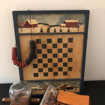 Ridge Hollow Folk Art Game Board, Briarpatch Wooden Puzzle Signed Box, & Glass Dispenser -Lot 121