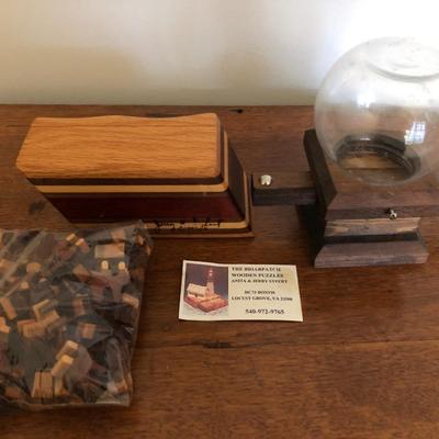 Ridge Hollow Folk Art Game Board, Briarpatch Wooden Puzzle Signed Box, & Glass Dispenser -Lot 121
