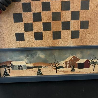 Ridge Hollow Folk Art Game Board, Briarpatch Wooden Puzzle Signed Box, & Glass Dispenser -Lot 121